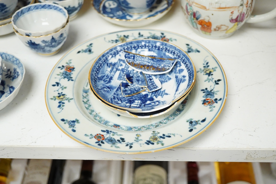 A Chinese Kangxi doucai plate, a group of 18th century Chinese porcelain tea wares and a porcelain bottle probably Korean 19th century, teapot - 15cm high